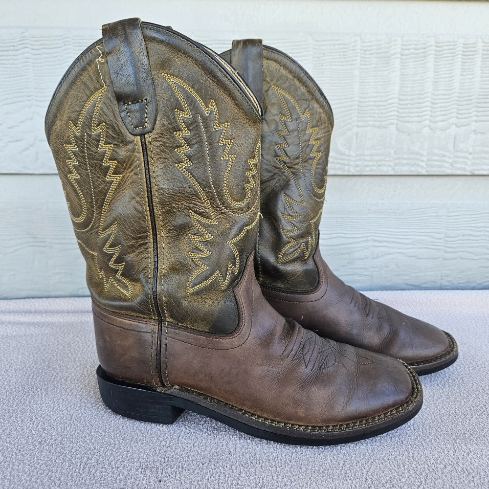 Old West Brown Leather Square Toe Western Cowboy Boot Youth SZ 1.5 Embroidered